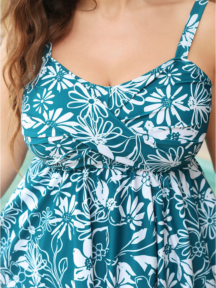 Floral Print Crossover Front Flutter A Line Tankini Top - Image 7