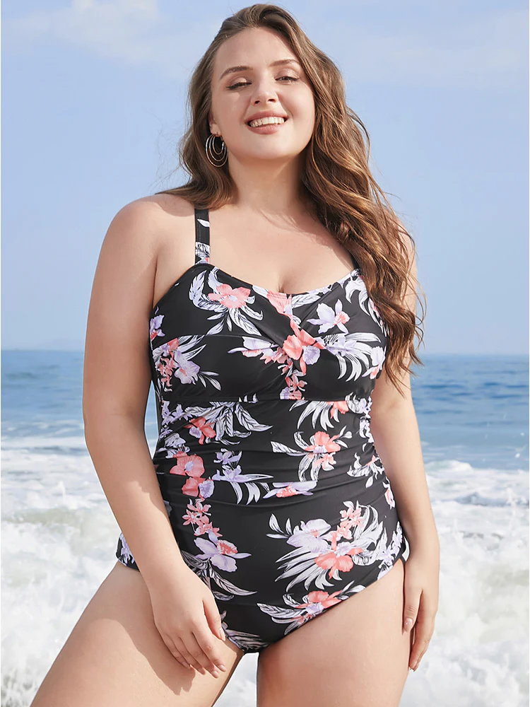 Floral Print Crossover Sculpt Waist One Piece Swimsuit - Image 5