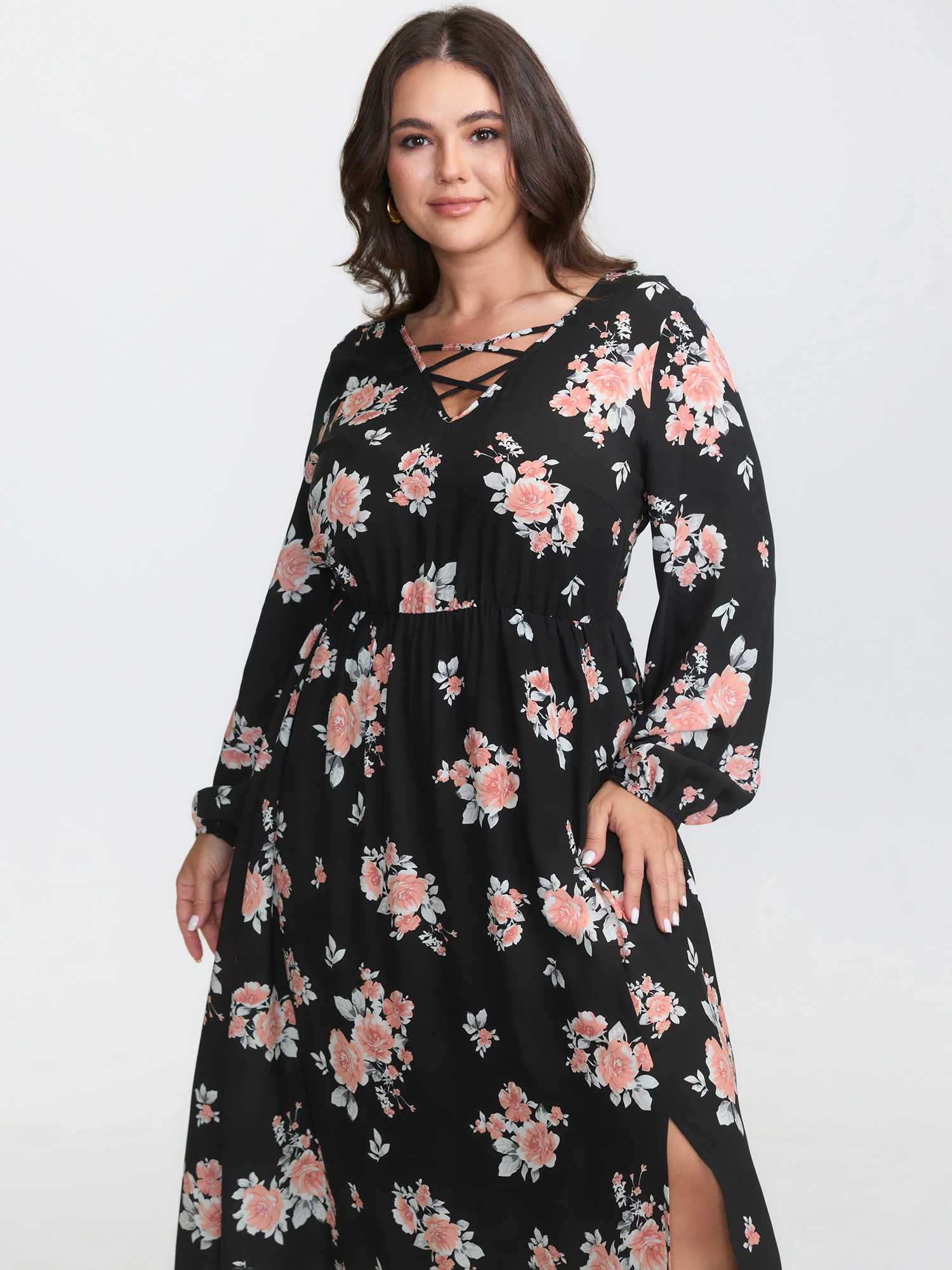 Floral Print Cut-Out Neck Slit Maxi Dress - Image 2
