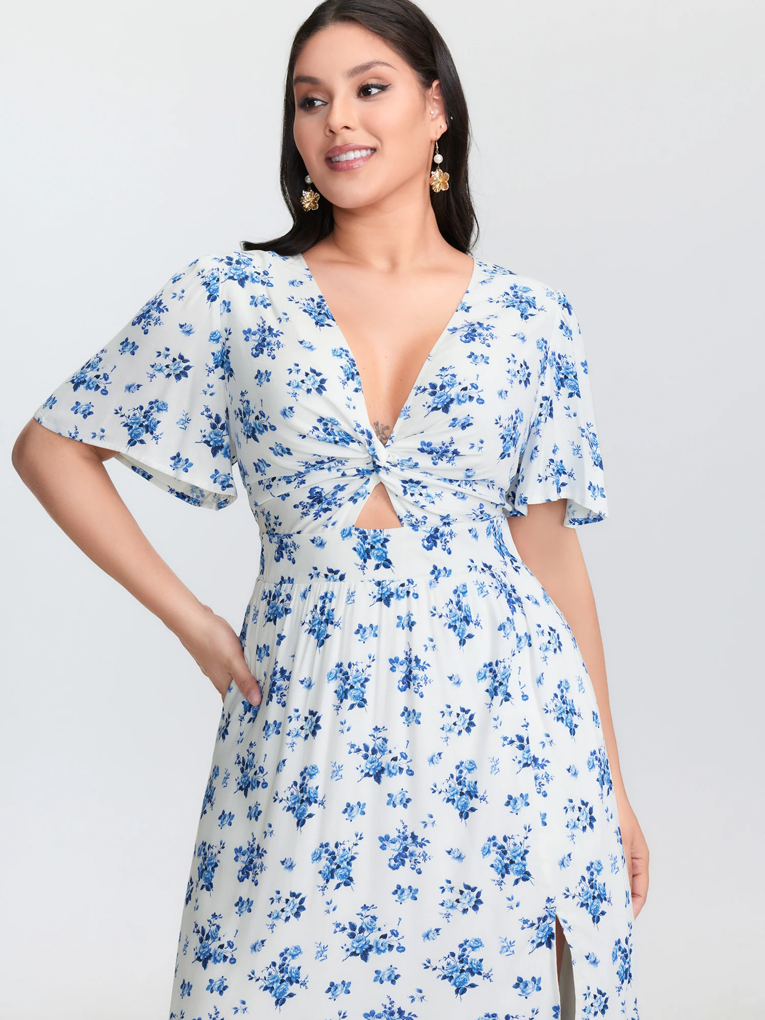 Floral Print Cut-Out Twisted Midi Dress - Image 2