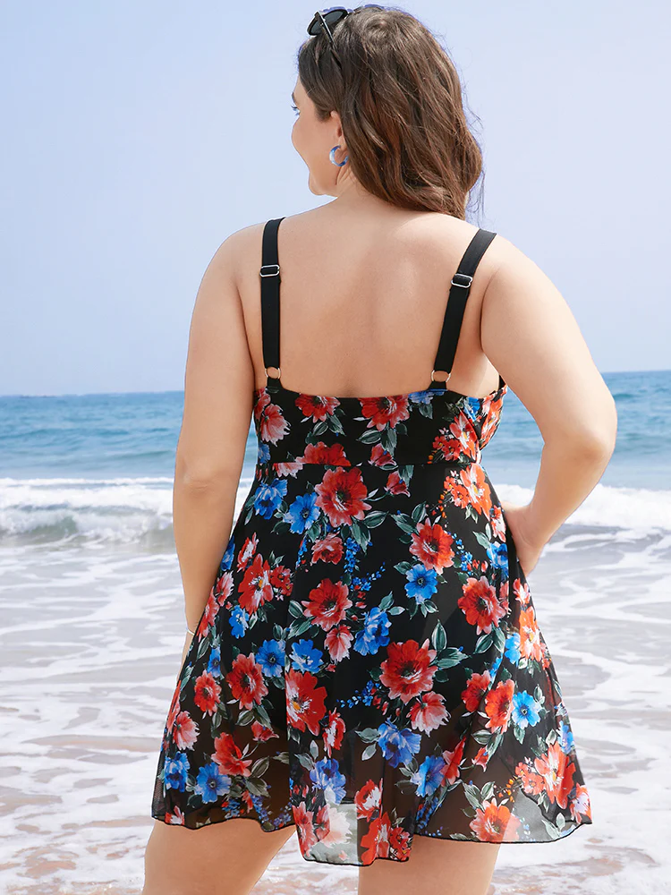 Floral Print Deep V Neck Sculpt Waist Split Swim Dress - Image 2