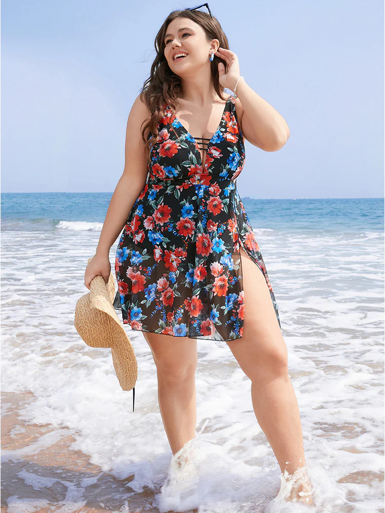 Floral Print Deep V Neck Sculpt Waist Split Swim Dress - Image 5