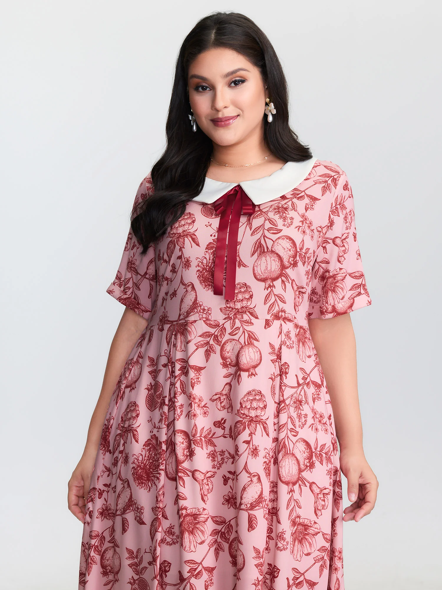 Floral Print Doll Ribbon Collar Midi Dress - Image 2