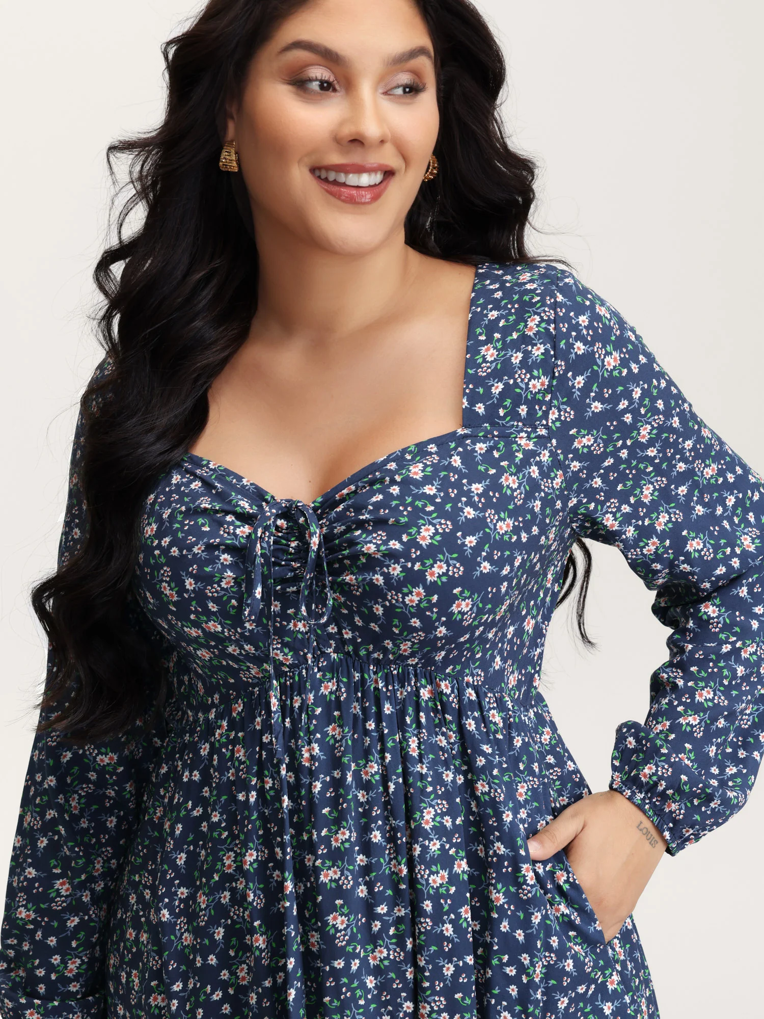 Floral Print Drawstring Bust-Ease Midi Dress - Image 2