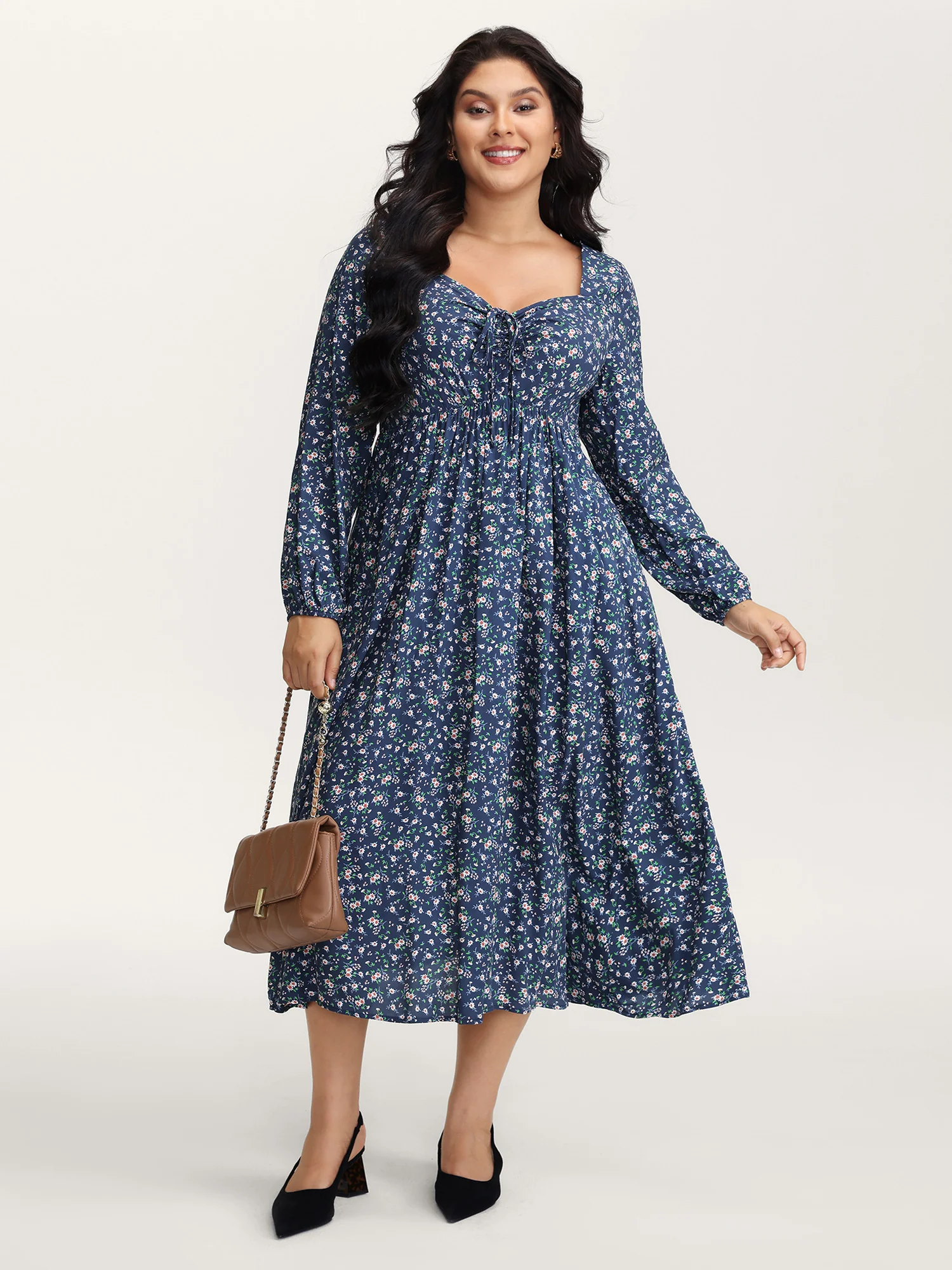 Floral Print Drawstring Bust-Ease Midi Dress - Image 3