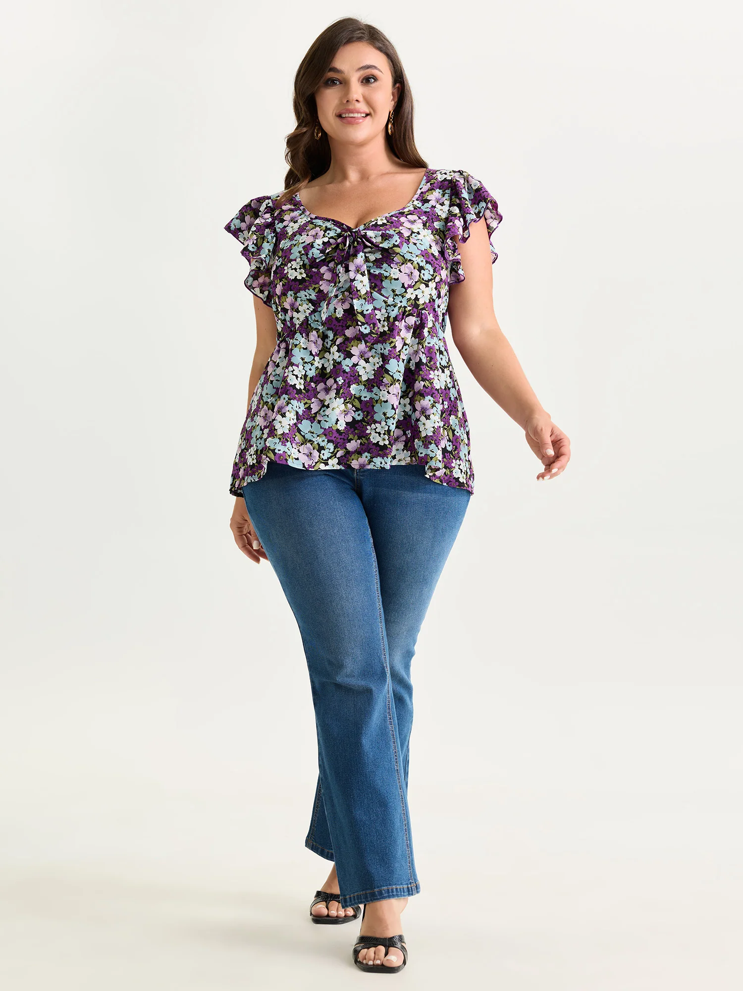 Floral Print Drawstring Neckline Blouse - Image 3