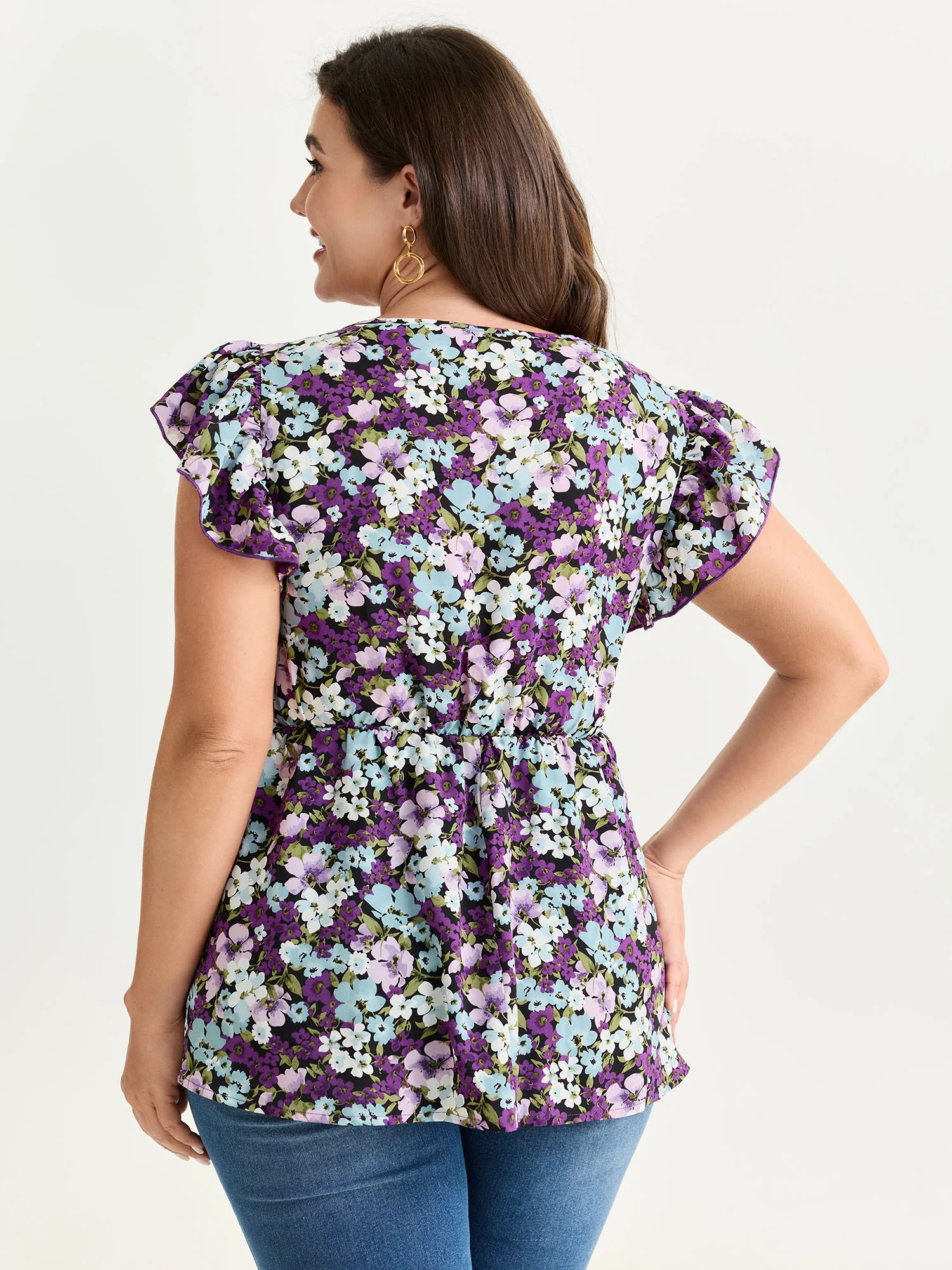 Floral Print Drawstring Neckline Blouse - Image 4