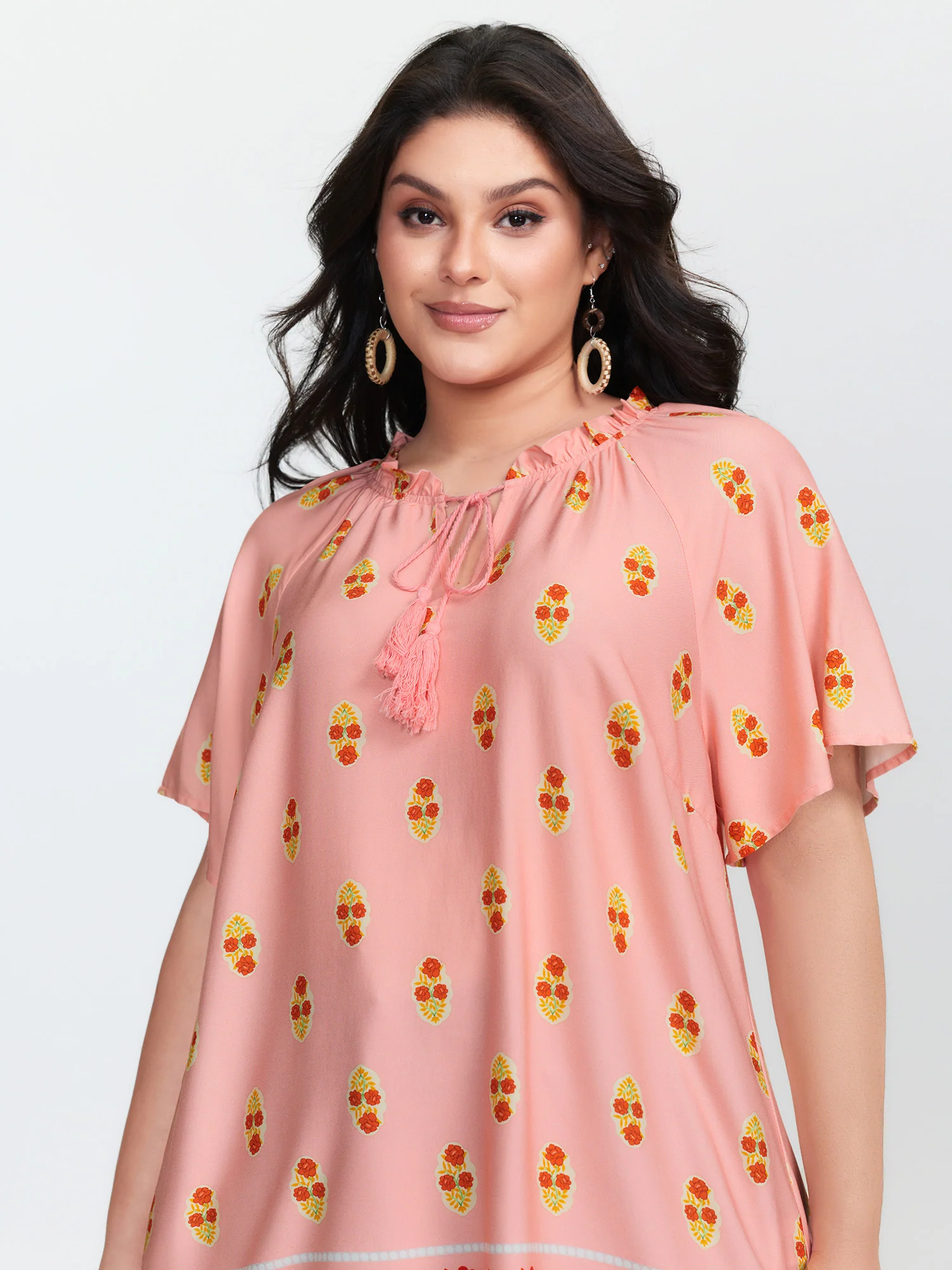 Floral Print Drawstring Neckline Flowy Blouse - Image 3
