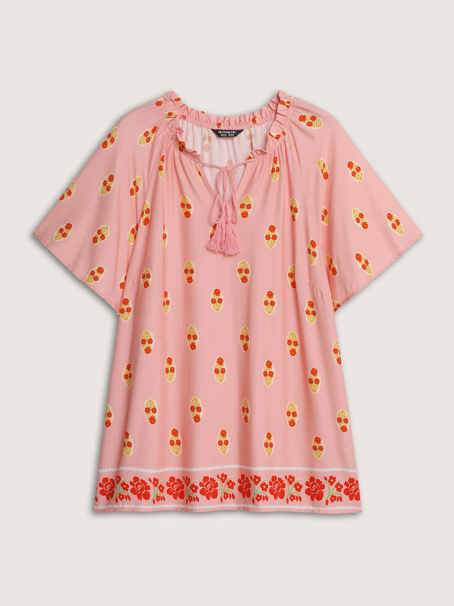 Floral Print Drawstring Neckline Flowy Blouse - Image 7
