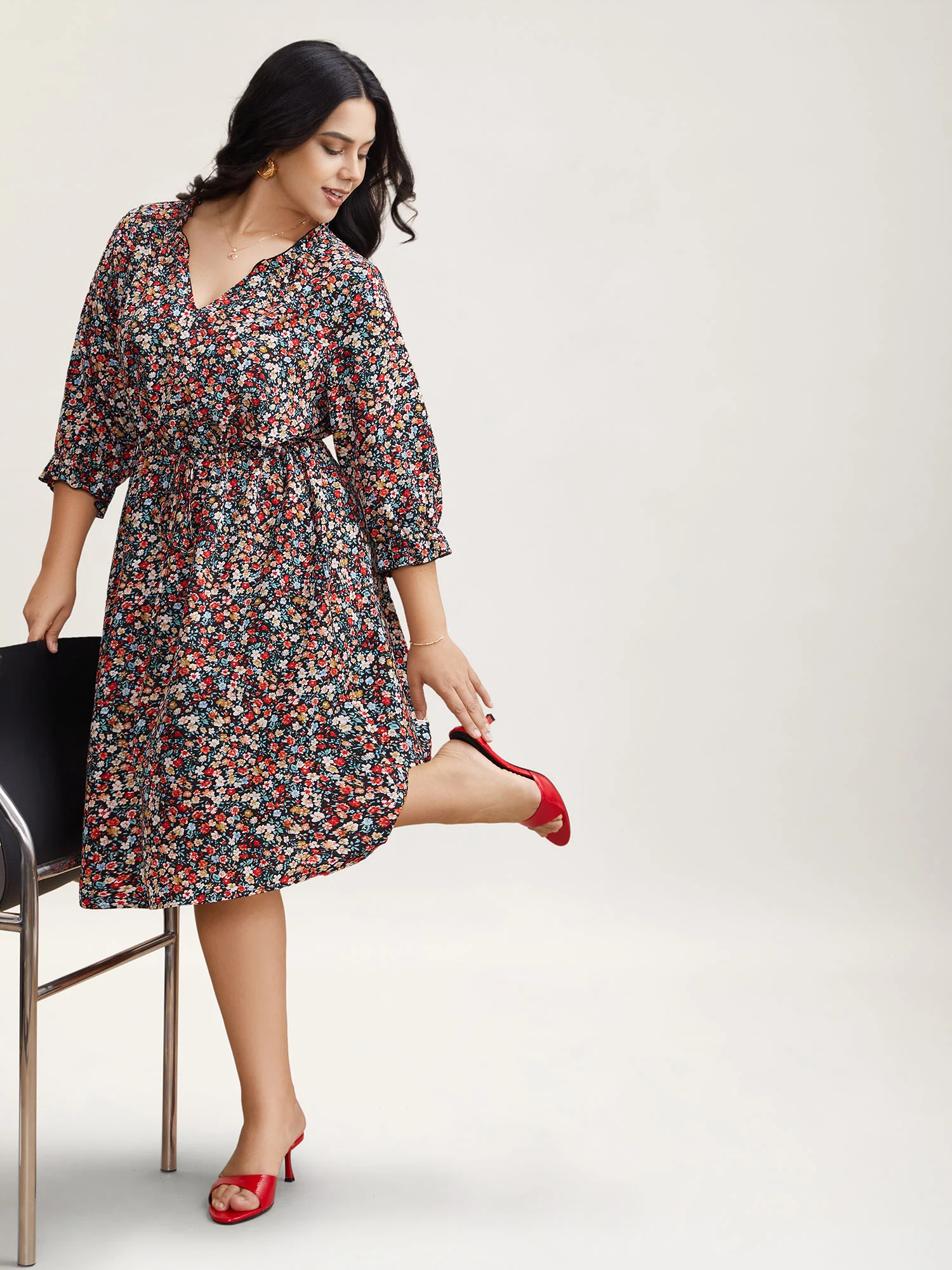 Floral Print Drawstring Pockets Flared Mini Dress - Image 2