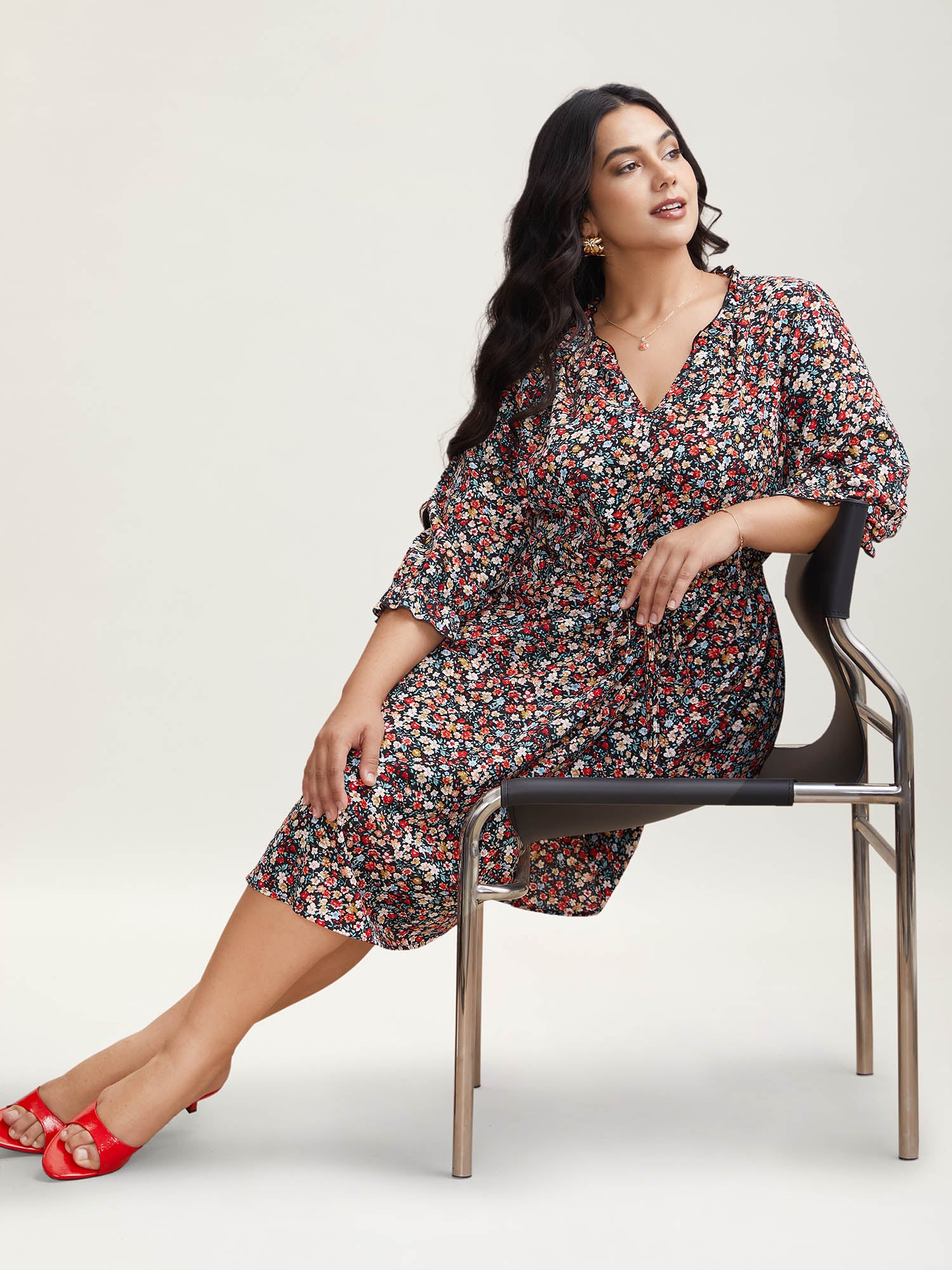 Floral Print Drawstring Pockets Flared Mini Dress - Image 3