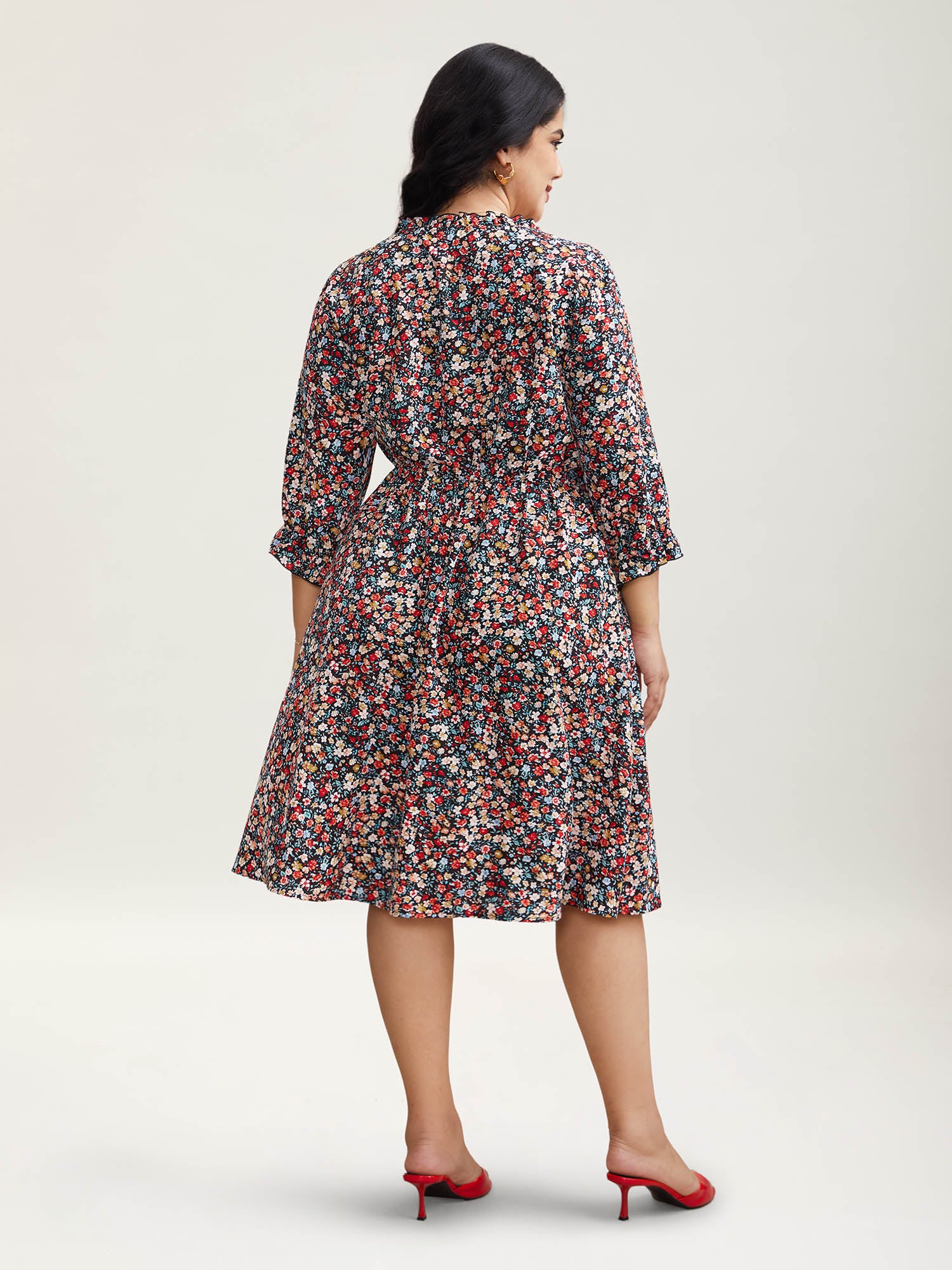 Floral Print Drawstring Pockets Flared Mini Dress - Image 4