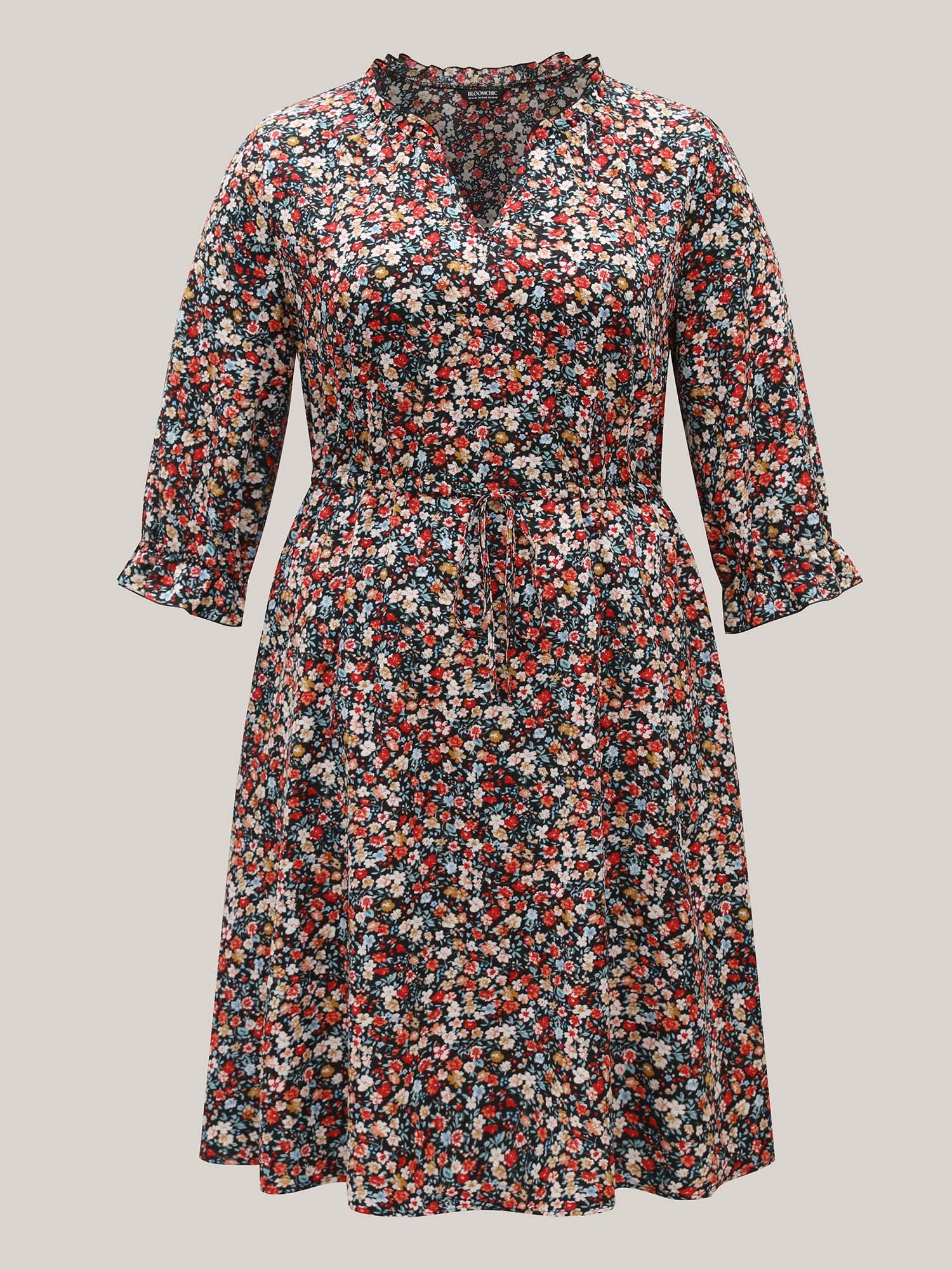 Floral Print Drawstring Pockets Flared Mini Dress - Image 6