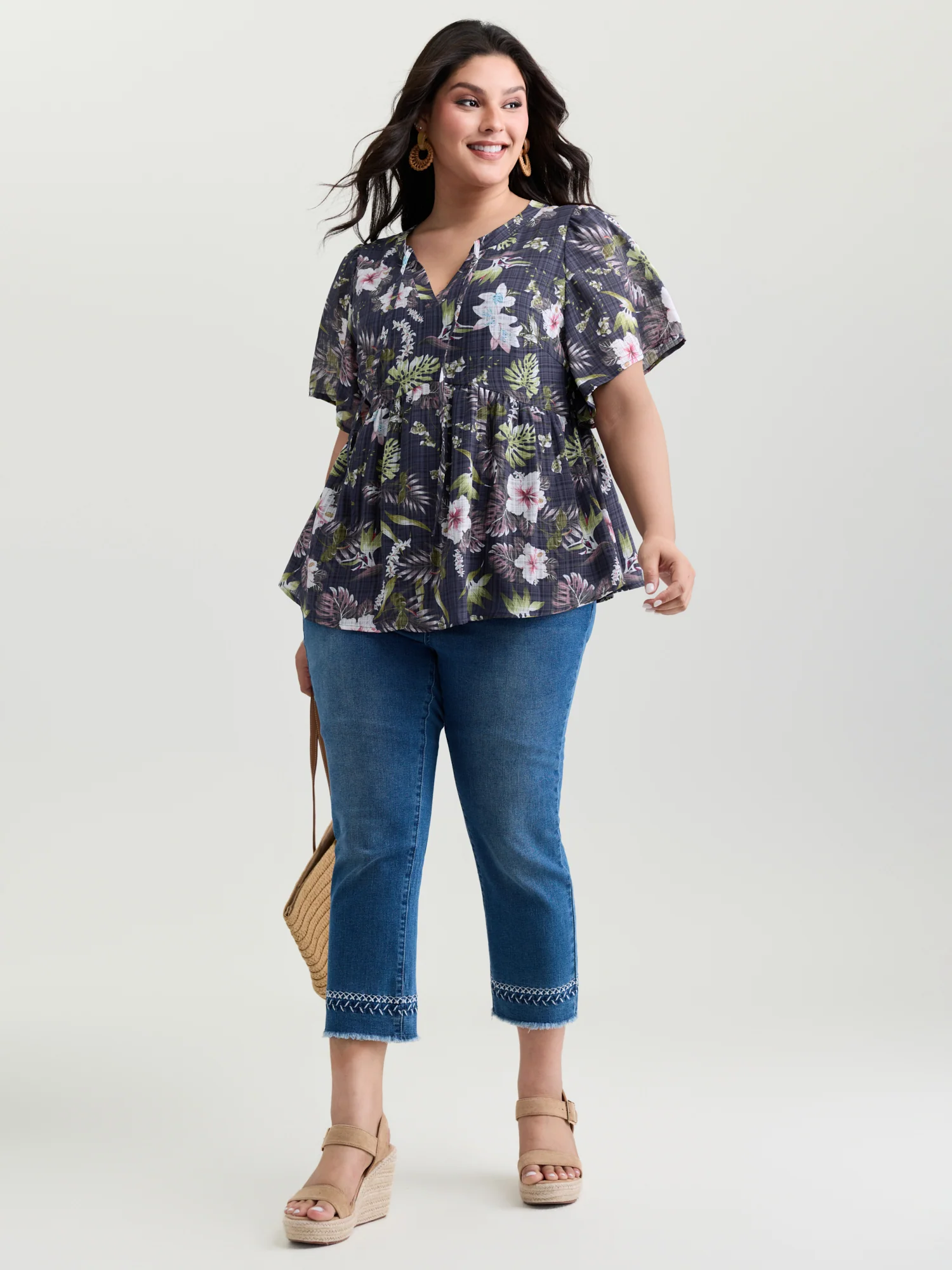 Floral Print Drawstring Split Neckline Blouse - Image 2