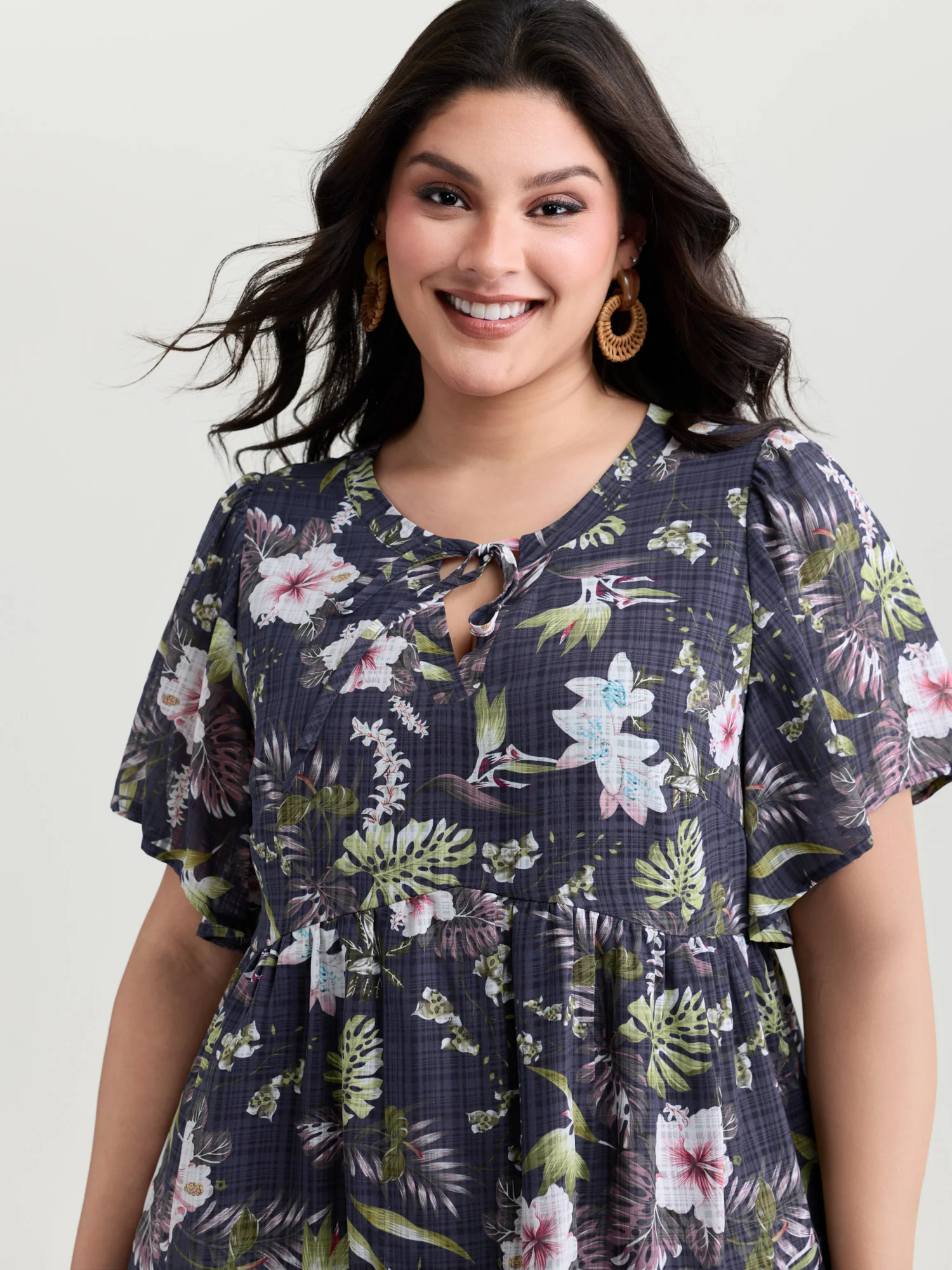 Floral Print Drawstring Split Neckline Blouse - Image 3