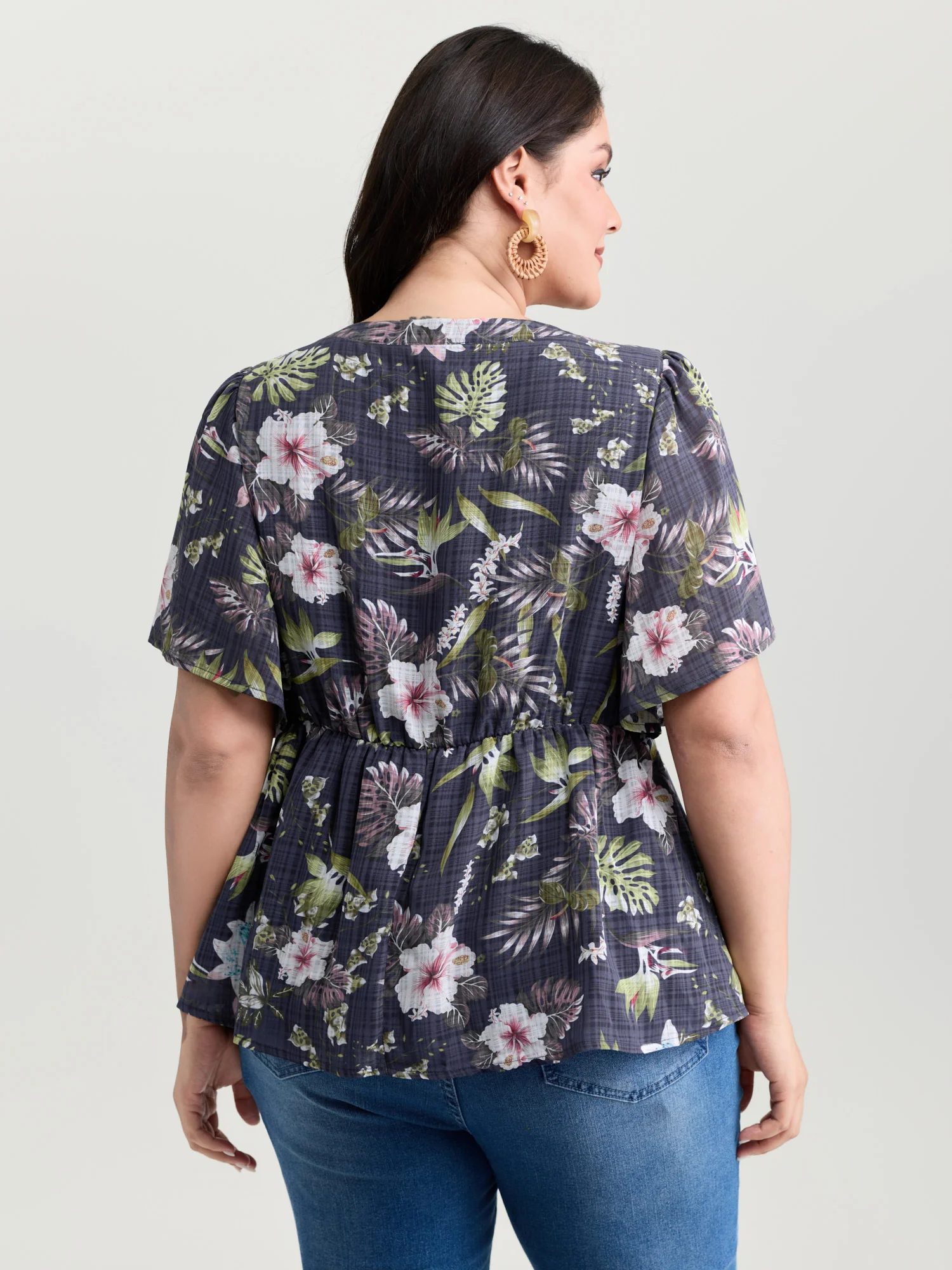 Floral Print Drawstring Split Neckline Blouse - Image 4