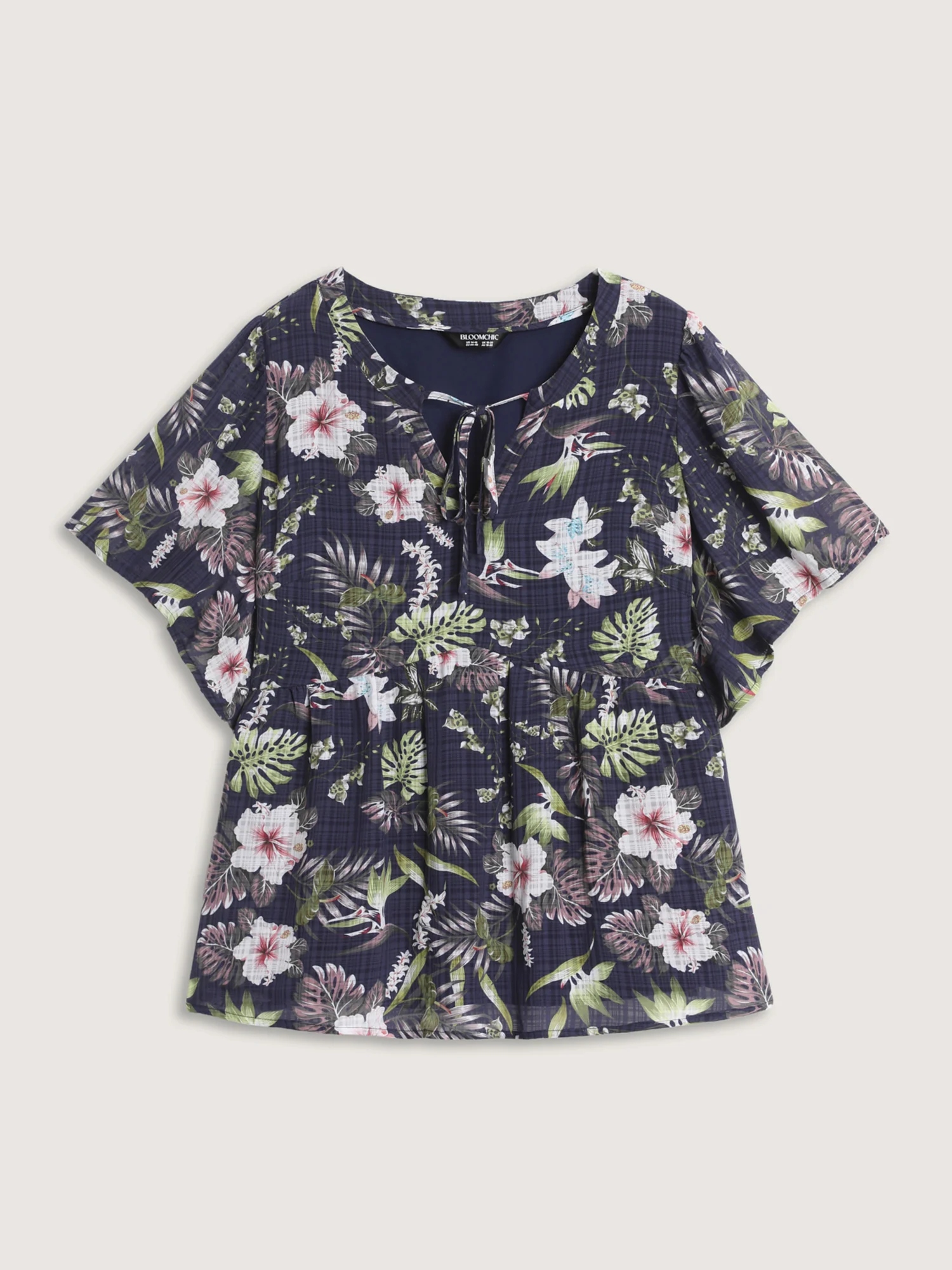 Floral Print Drawstring Split Neckline Blouse - Image 6