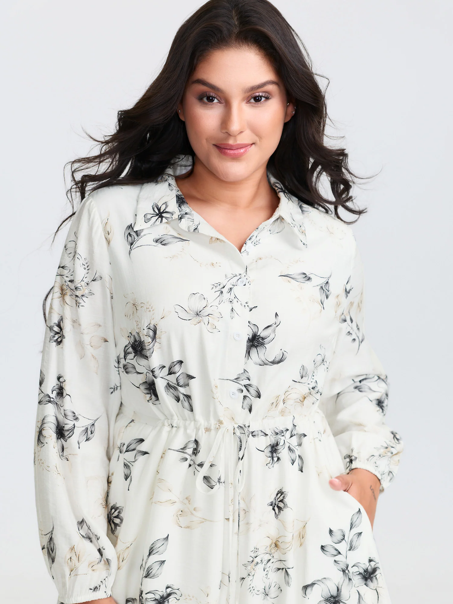 Floral Print Drawstring Waist Midi Dress - Image 2