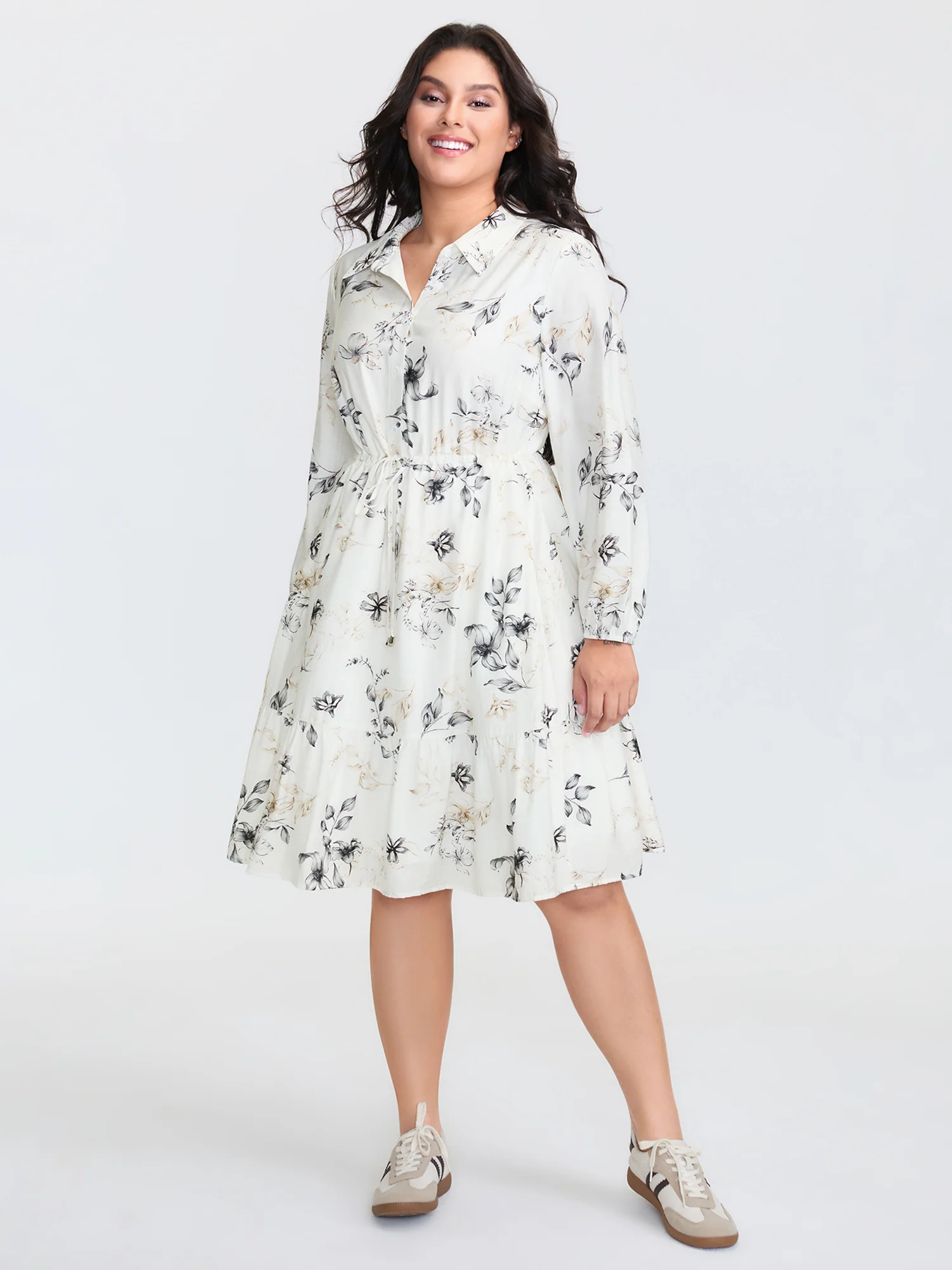 Floral Print Drawstring Waist Midi Dress - Image 3