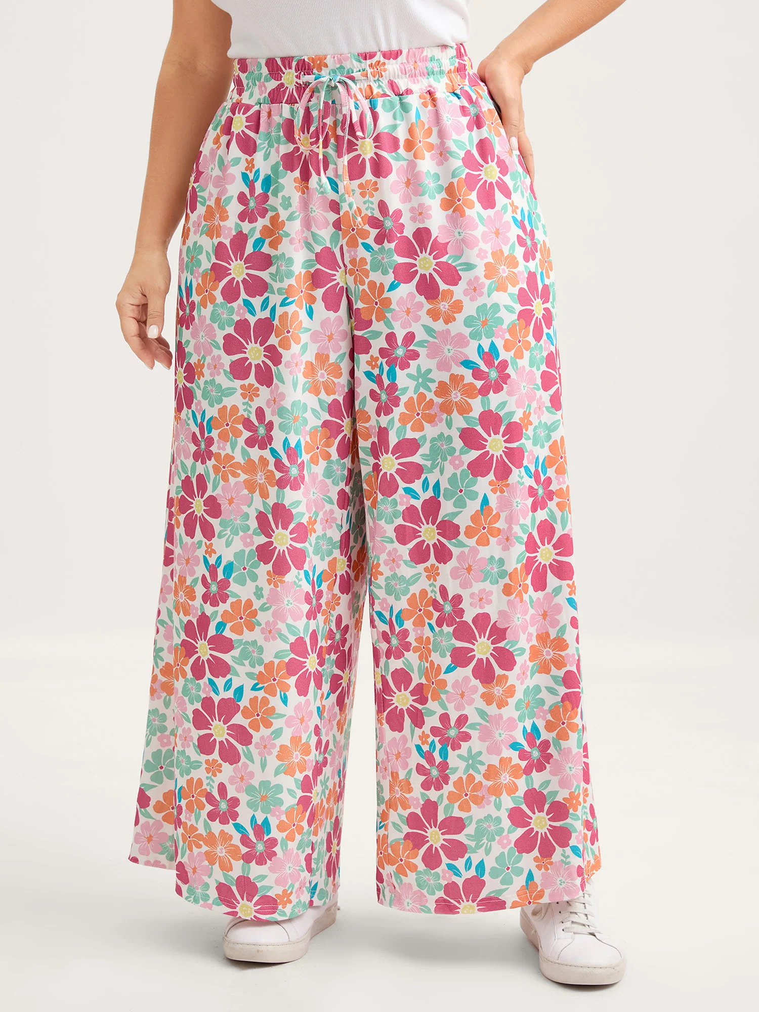 Floral Print Drawstring Waist Wide-Leg Pants - Image 2