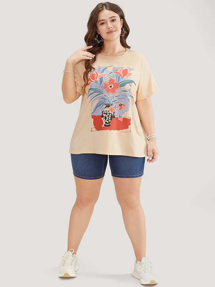 Floral Print Drop Shoulder Soft Graphic Tee - Image 4