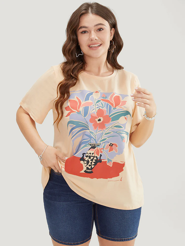 Floral Print Drop Shoulder Soft Graphic Tee - Image 5