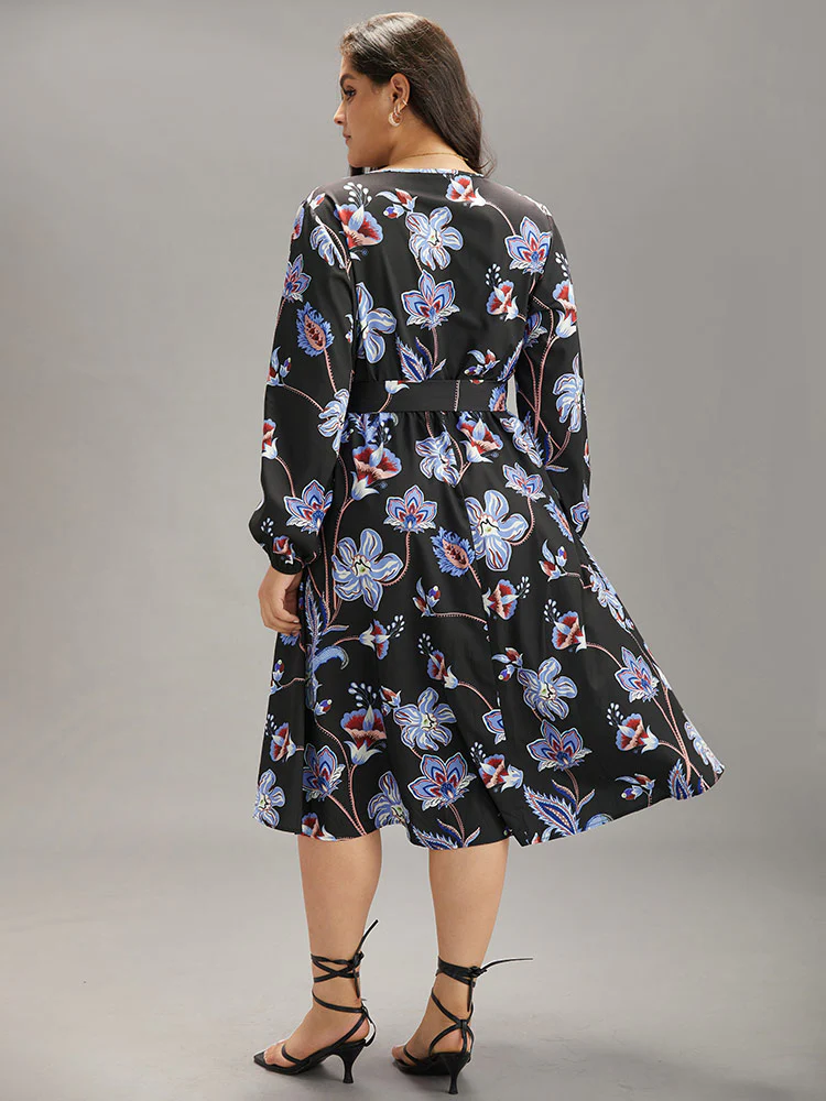 Floral Print Elastic Cuffs Belted Dress - Image 2