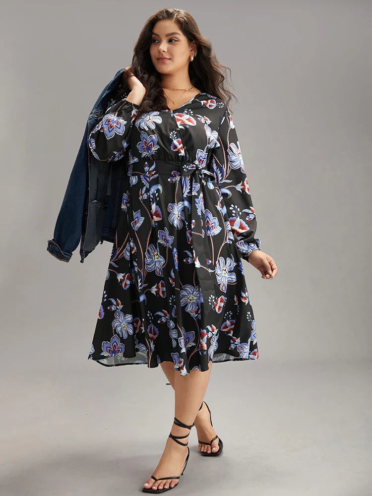 Floral Print Elastic Cuffs Belted Dress - Image 3