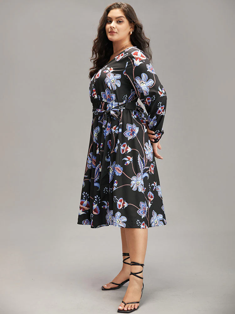 Floral Print Elastic Cuffs Belted Dress - Image 4