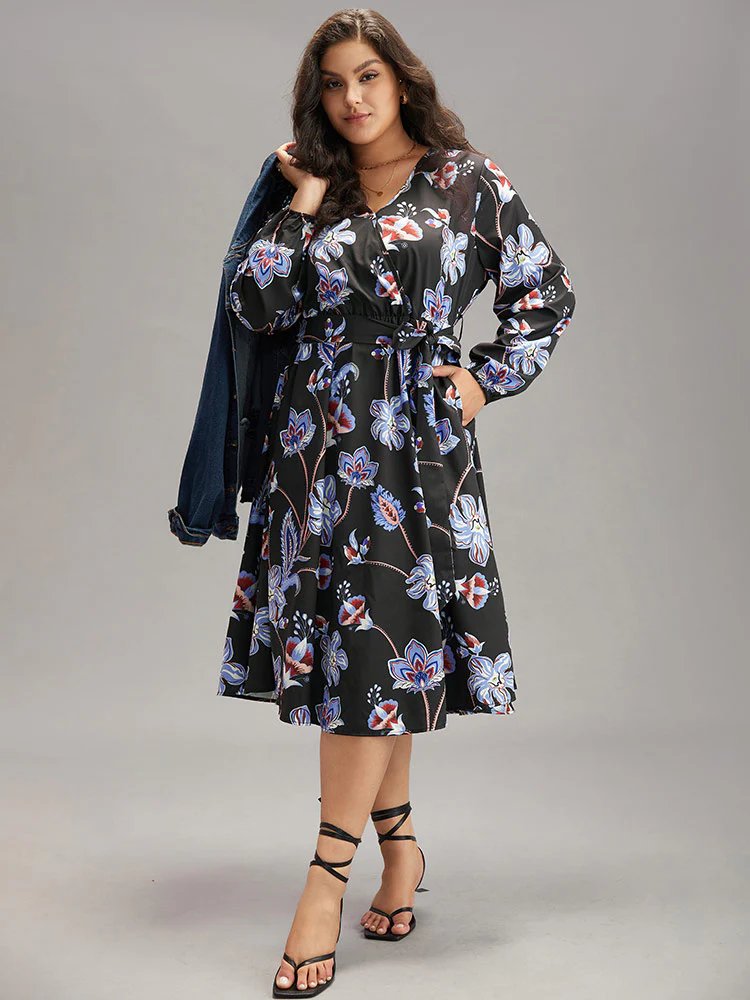 Floral Print Elastic Cuffs Belted Dress - Image 5