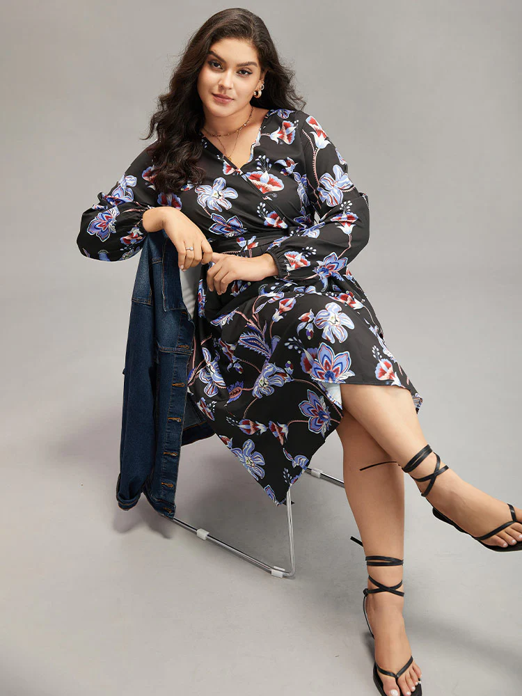 Floral Print Elastic Cuffs Belted Dress - Image 6