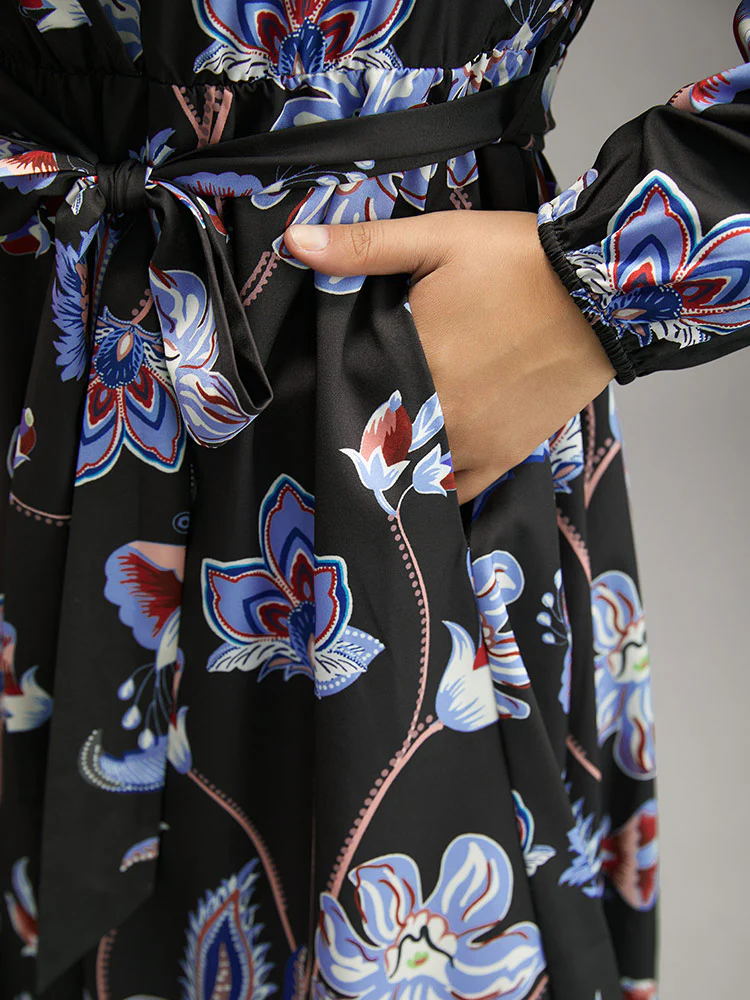 Floral Print Elastic Cuffs Belted Dress - Image 8