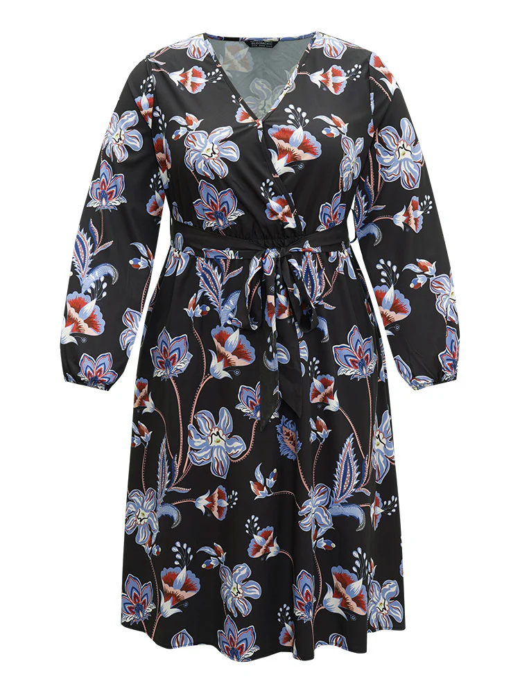 Floral Print Elastic Cuffs Belted Dress - Image 9