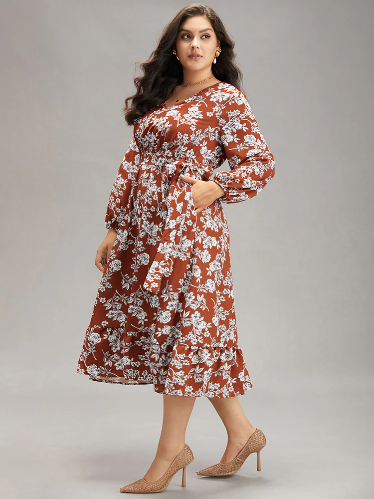 Floral Print Elastic Cuffs Ruffle Hem Dress - Image 10
