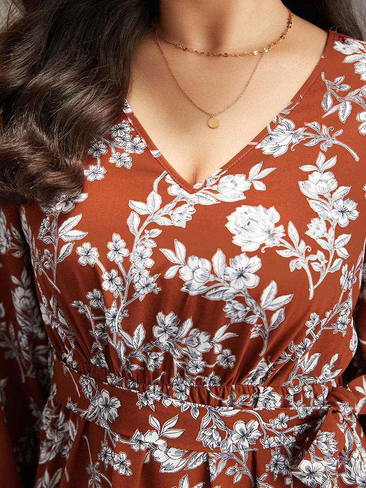 Floral Print Elastic Cuffs Ruffle Hem Dress - Image 11