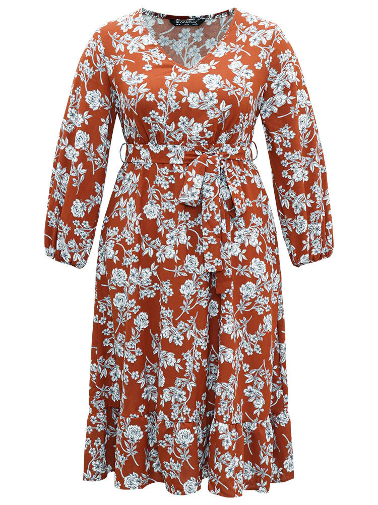 Floral Print Elastic Cuffs Ruffle Hem Dress - Image 13