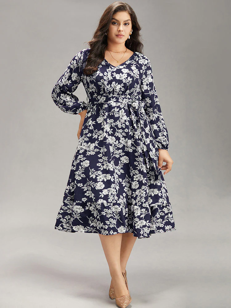 Floral Print Elastic Cuffs Ruffle Hem Dress - Image 2