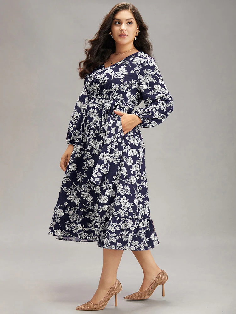 Floral Print Elastic Cuffs Ruffle Hem Dress - Image 3