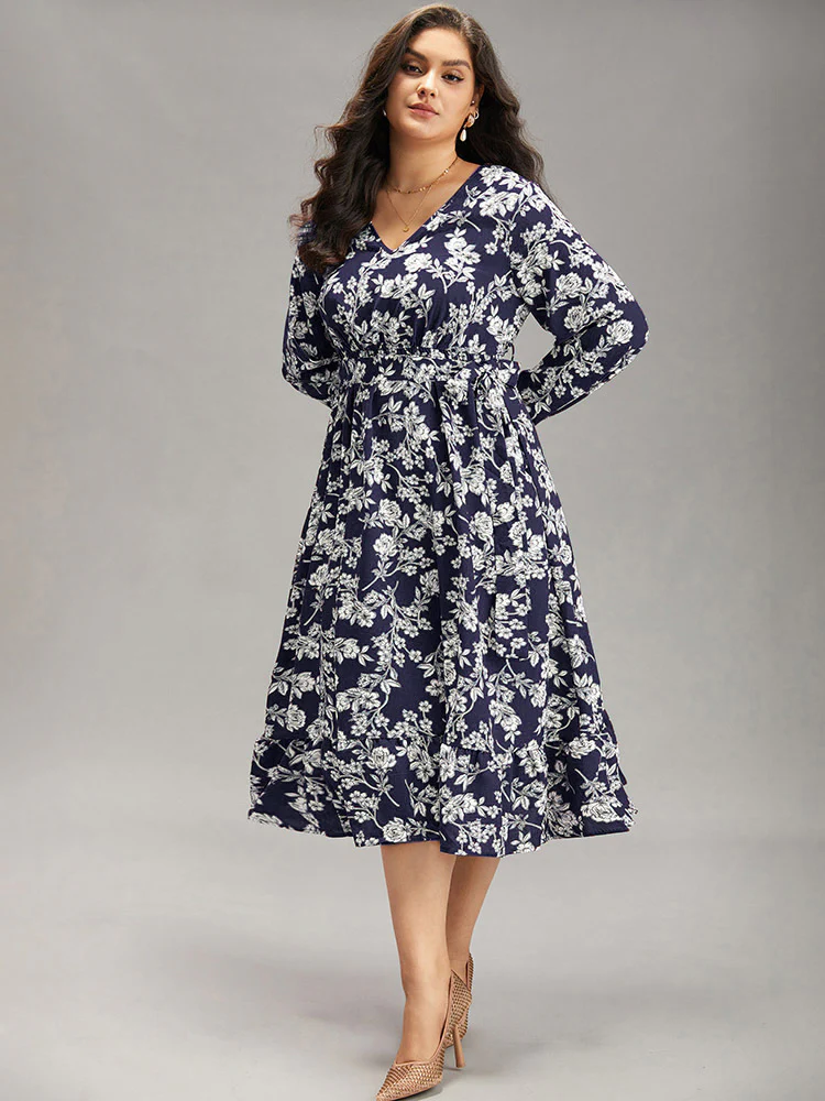 Floral Print Elastic Cuffs Ruffle Hem Dress - Image 4