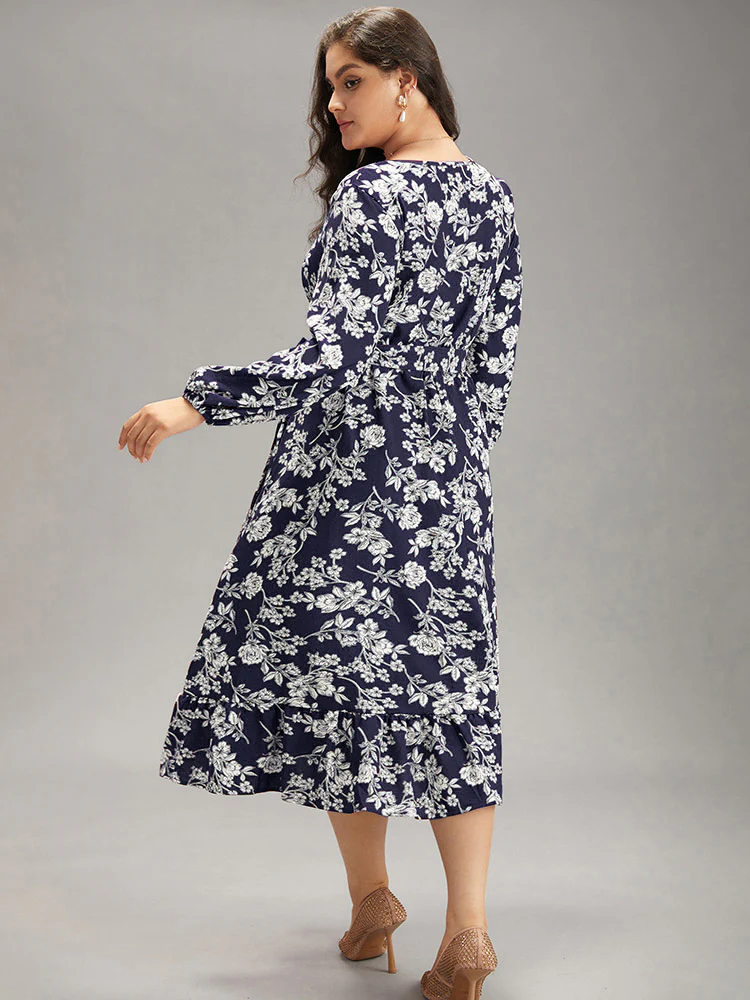 Floral Print Elastic Cuffs Ruffle Hem Dress - Image 5