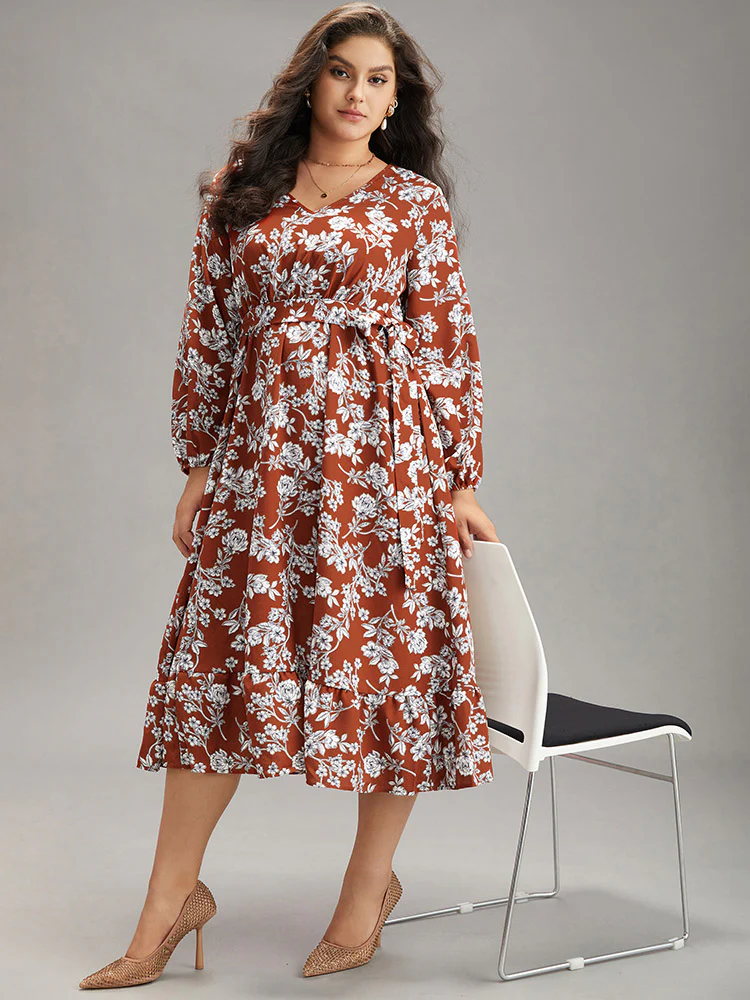 Floral Print Elastic Cuffs Ruffle Hem Dress - Image 6
