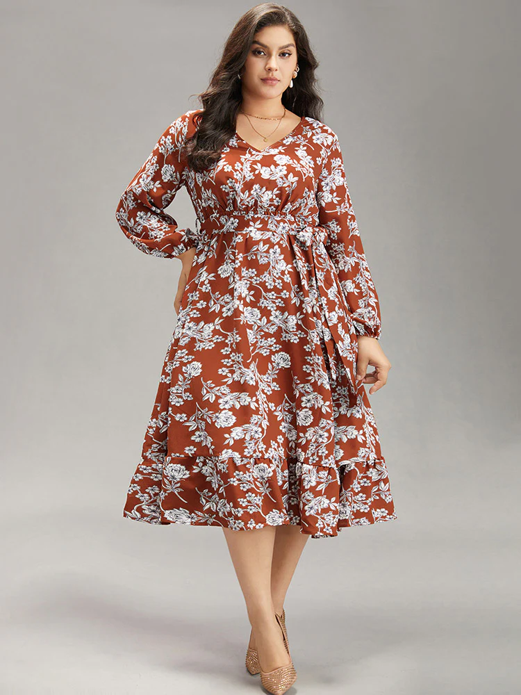 Floral Print Elastic Cuffs Ruffle Hem Dress - Image 7