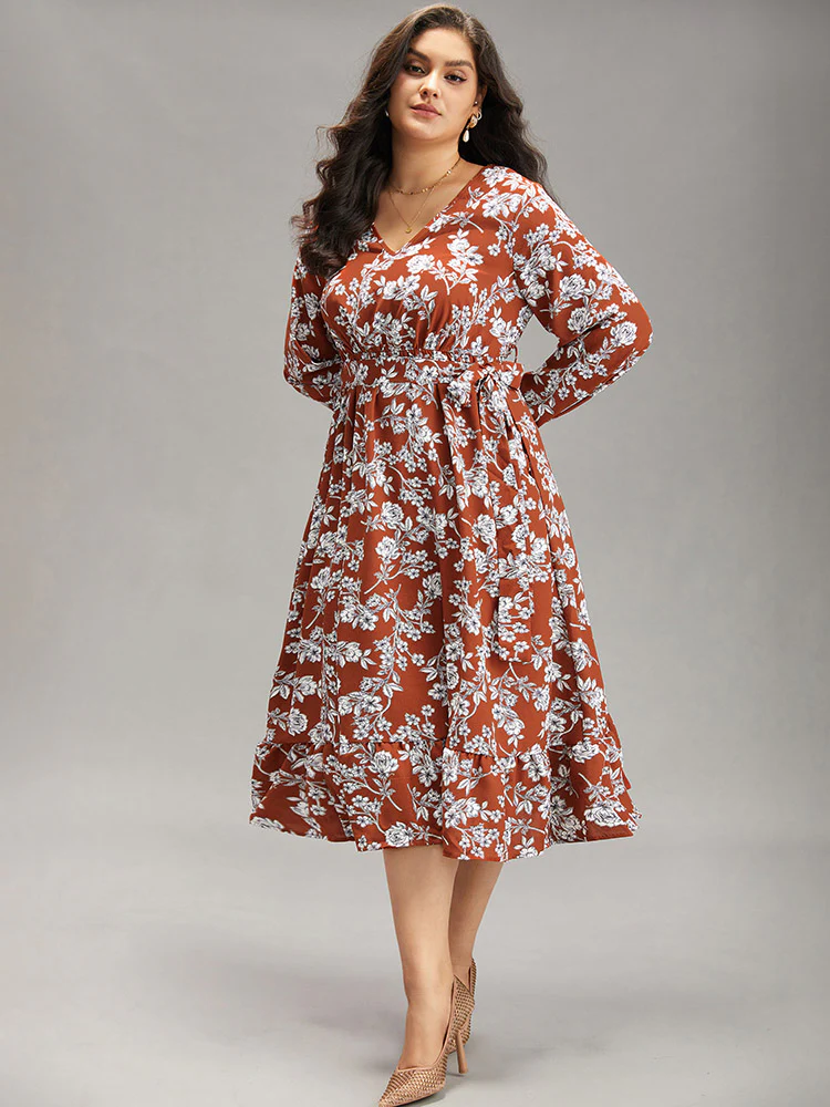 Floral Print Elastic Cuffs Ruffle Hem Dress - Image 8