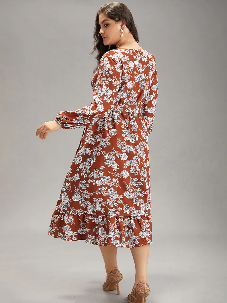 Floral Print Elastic Cuffs Ruffle Hem Dress - Image 9