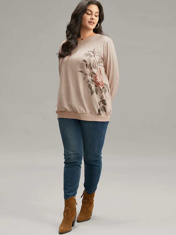 Floral Print Elastic Cuffs Sweatshirt - Image 5