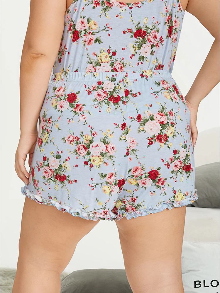 Floral Print Elastic Waist Frill Trim Lounge Bottoms - Image 2