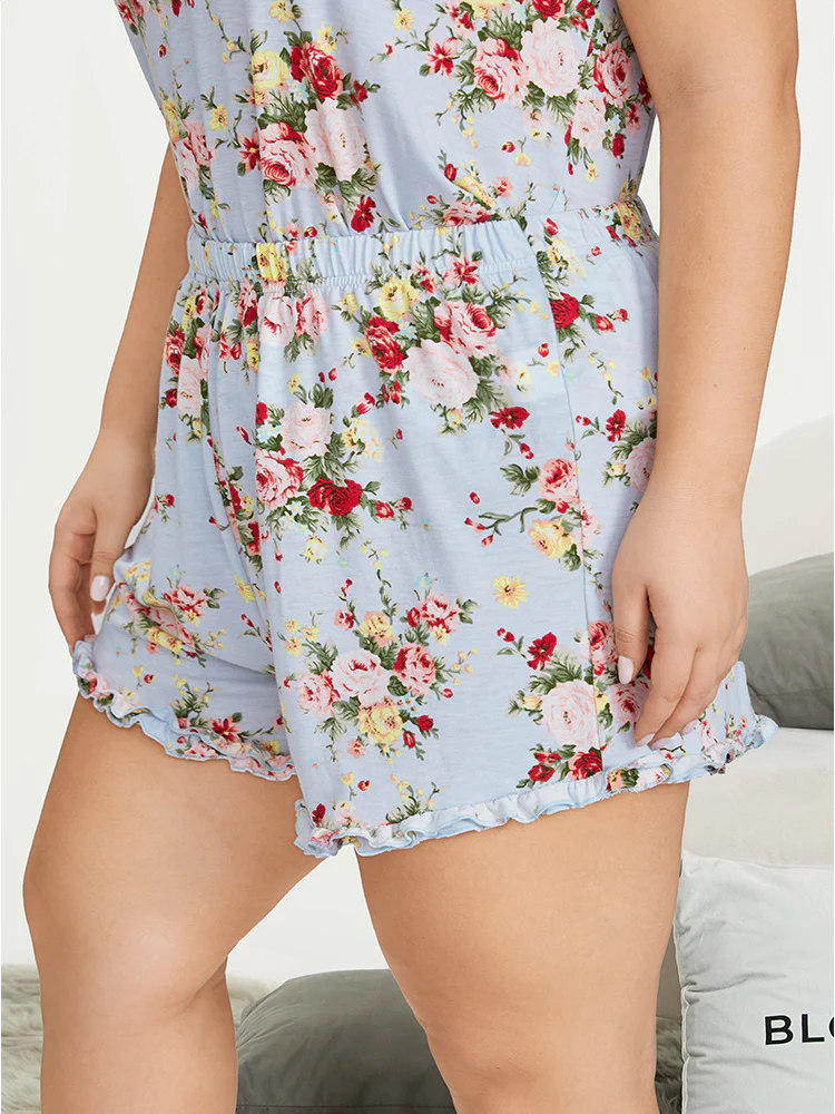 Floral Print Elastic Waist Frill Trim Lounge Bottoms - Image 3