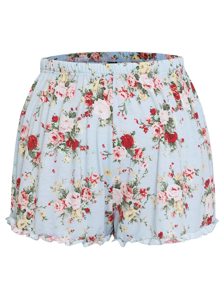 Floral Print Elastic Waist Frill Trim Lounge Bottoms - Image 4