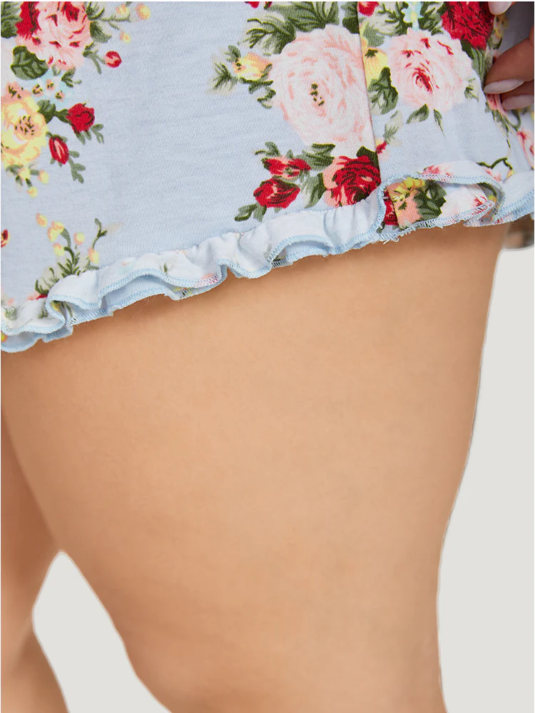 Floral Print Elastic Waist Frill Trim Lounge Bottoms - Image 5