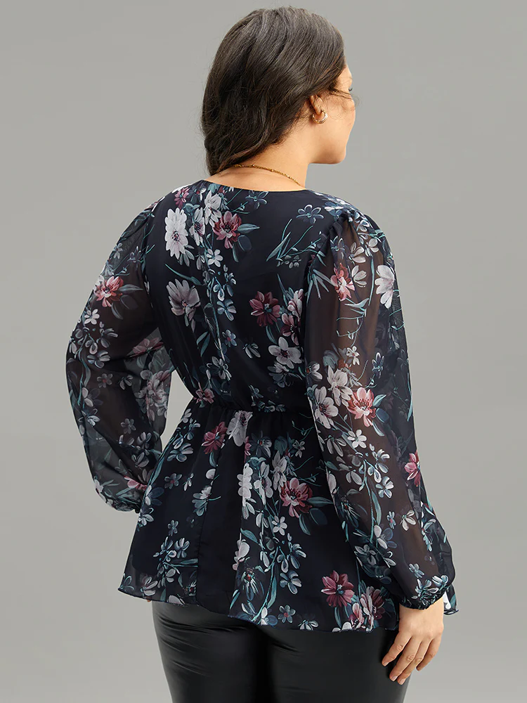 Floral Print Elastic Waist Mesh Wrap Gathered Blouse - Image 2